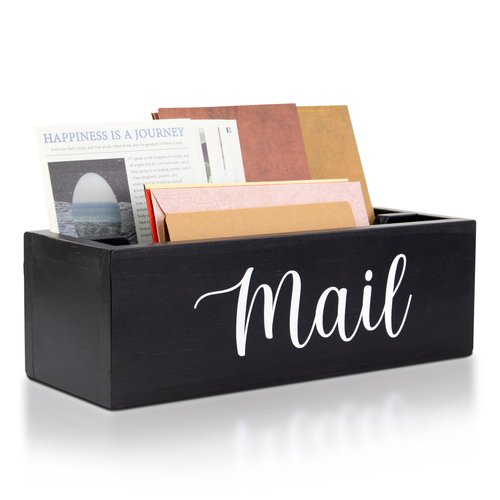 Mail Organizer for Desk or Wall Mount, 2 Compartments Ash Wood Mail Holder Countertop, Mail Basket for Desktop, Kitchen, Home, Wall | Wood Desk Mail Organizer, Black Envelope Holder for Home Office