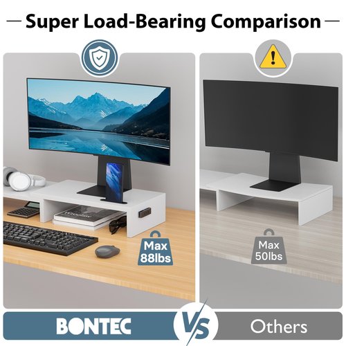 BONTEC Dual Monitor Stand for Desk, Adjustable Length and Angle Monitor Stand Riser with Smartphone Holder, Desk Shelf for Top of Desk, Computer Monitor Stand with Storage, Office Desk Organizer, White