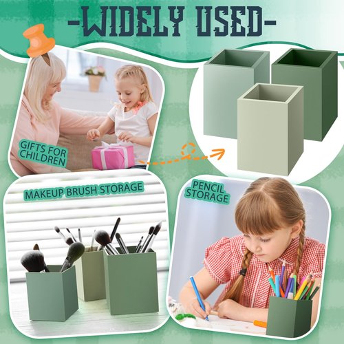 Motiskyy 3 Pcs Sage Green Wooden Pen Holder for Desk Pencil Cup Desktop Organizer Storage Case Makeup Brush Holder Accessories Supplies for Office Home Study Room(Sage Green)