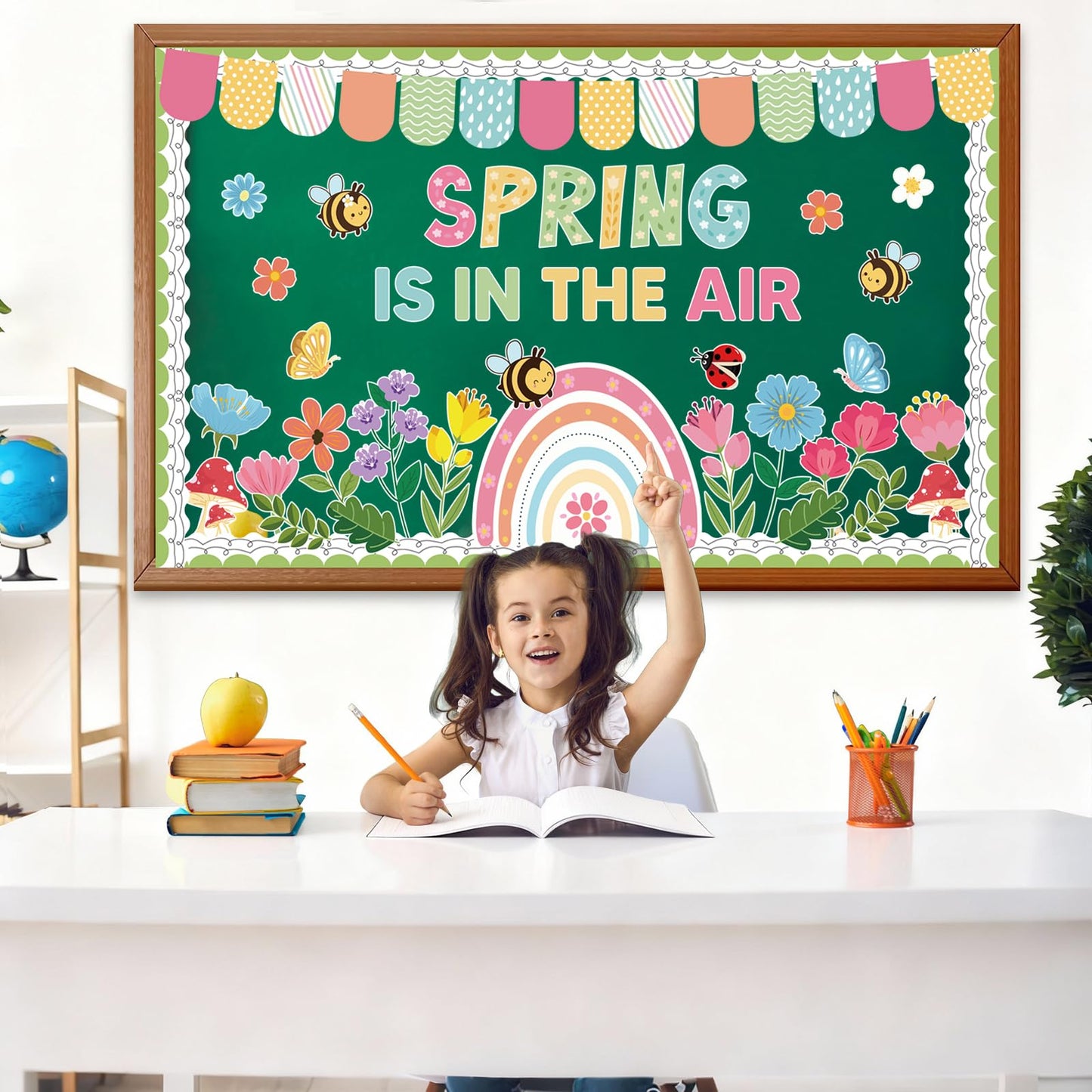 Spring Flower Bulletin Board Set Floral Classroom Bulletin Board Decoration with Rainbow Flowers Bee Paper Cutouts Spring in the Air Themed Classroom Wall Decor for School Chalkboard Teacher Supplies