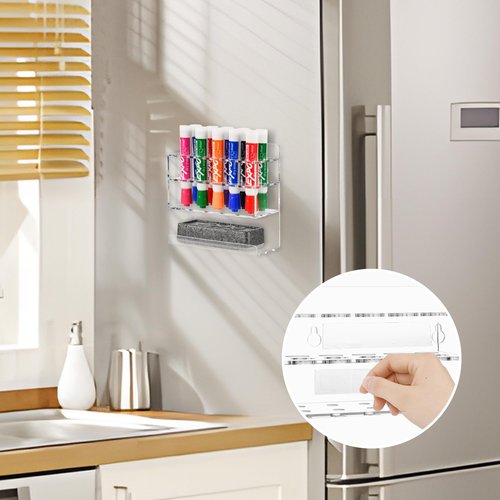VieFantaisie Dry Erase Marker Holder, Wall Mounted Acrylic Marker Holder with 10 Slots, Sticky Pen Storage for Classroom Organization, Whiteboard, Office, Clear