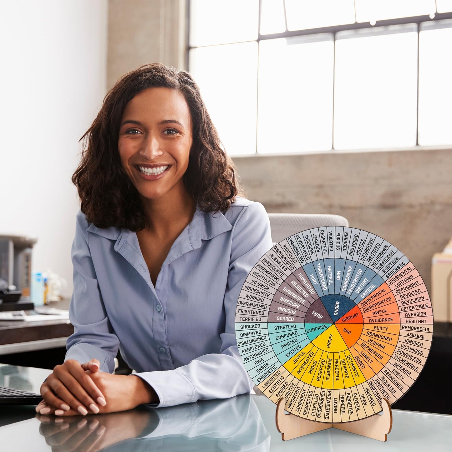 Feelings Wheel Therapy Office Desk Decor - 10.6" Large Double Sided Mental Health Emotions Chart with Stand, Therapist Gifts for Home Office Women Man