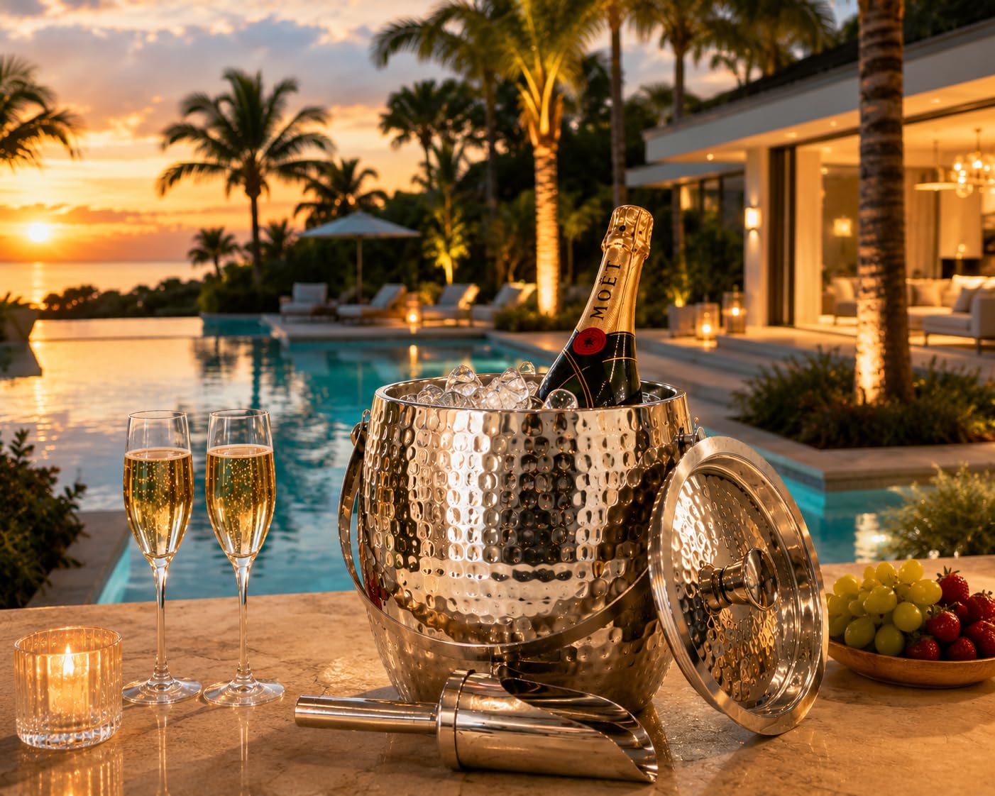 BREKX 3-QT Insulated Ice Buckets for Parties with Lid and Scoop - Iceberg Anchored Wine Chiller Champagne Bucket for Cocktail Bar, Metal Bucket with Lid, Non-Sweat