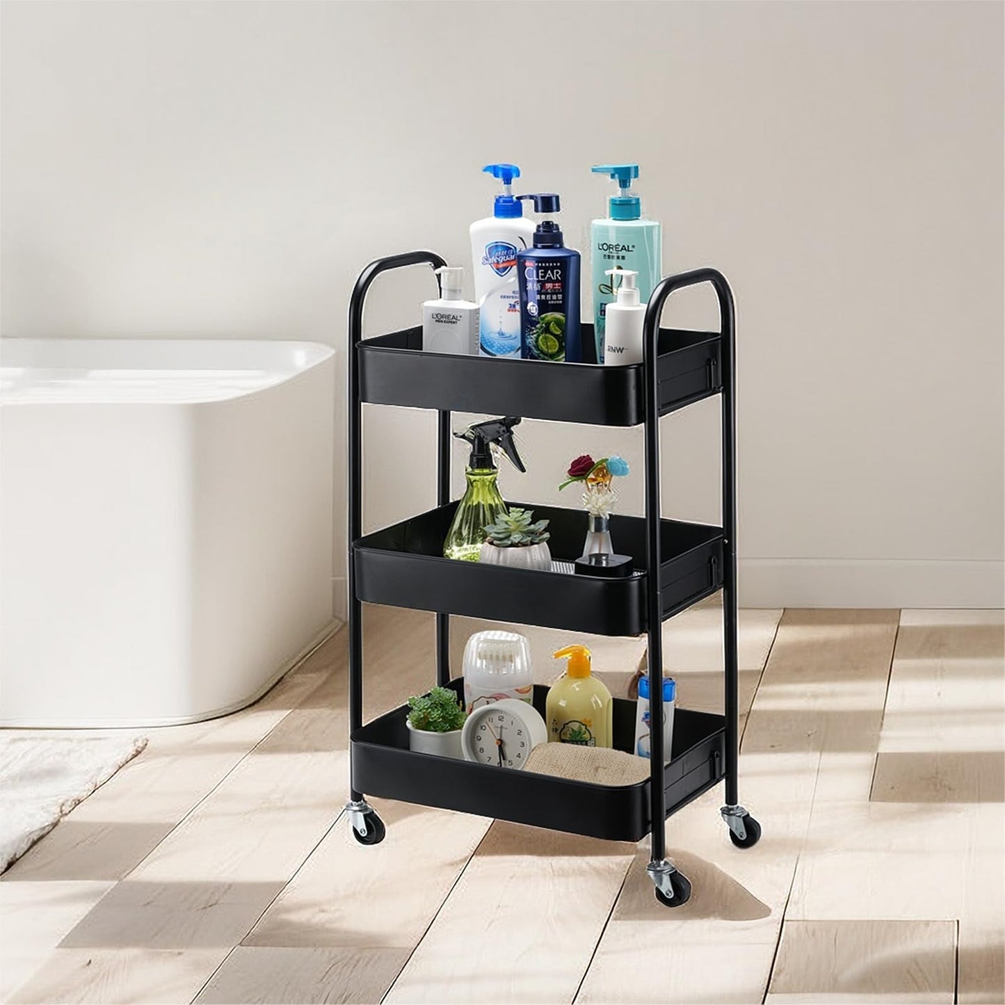 SETTFRFE 3-Tier Metal Rolling Storage Cart, Black