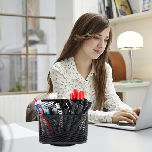Yomjarl Desk Pen Organizers,360 Degree Rotating Pen Holder with Handle,Desk Organizer Office Supplies,Metal Mesh Makeup Organizer,Workspace and Home,Art Supply Storage Box Caddy-Rectangular,