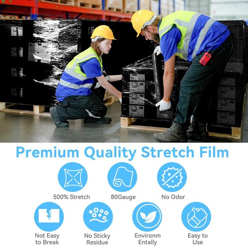 18" x 1500' Black Plastic Shrink Wrap Roll - 80 Gauge, 500% Stretch Industrial Strength Moving Wrap, Heavy Duty Pallet & Furniture Protection - 4 Roll Bundle Stretch Wrap with Handles