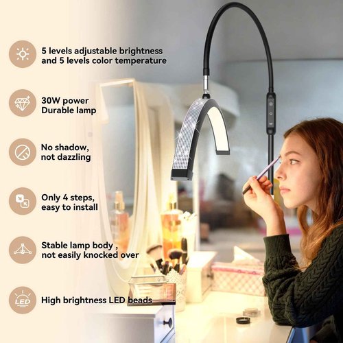 Fitlume Bling Lash Light for Eyelash Tech, Flexible Gooseneck Led Half Moon Light Floor Lamp for Eyelash Extensions/Tattoo Artists/Estheticians, Sparkly Lash Lights, with Stand Tray, Crystal Diamond