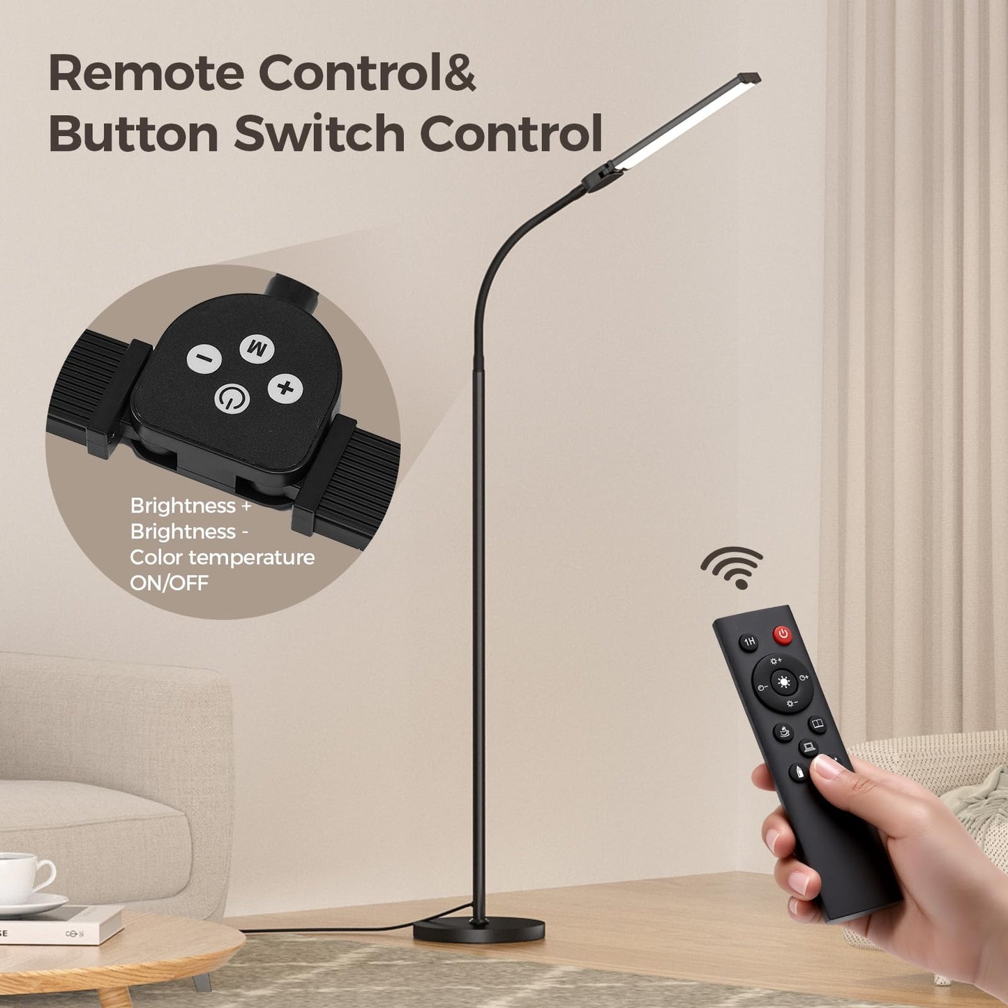 LED Floor Lamp for Living Room, Bright Reading Lamps for Office, Adjustable Colors Temperatures&Brightness, Dual Head Goose-neck Standing Lamp, Remote and Button Control, Eye-Caring Tall Lamp