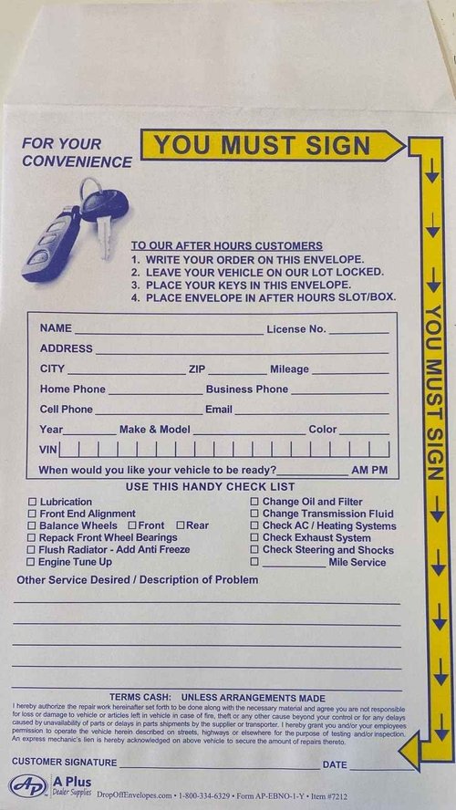 Key Drop Off Envelope - EBNO-1-Y - 500 Qty. (W1)