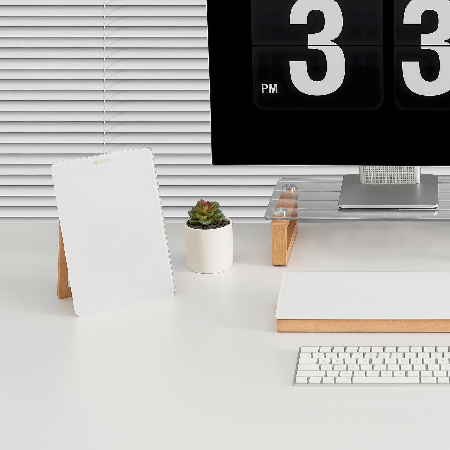 Yeoux Desktop Glass Whiteboard with Reversible Wood Stand 9.5"x6.7"