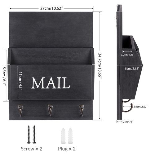 DLQuarts Mail Organizer with Key Holder for Wall, Mail Sorter Wall Mounted, Decorative Wooden Key and Mail Holder with 3 Hooks, Black