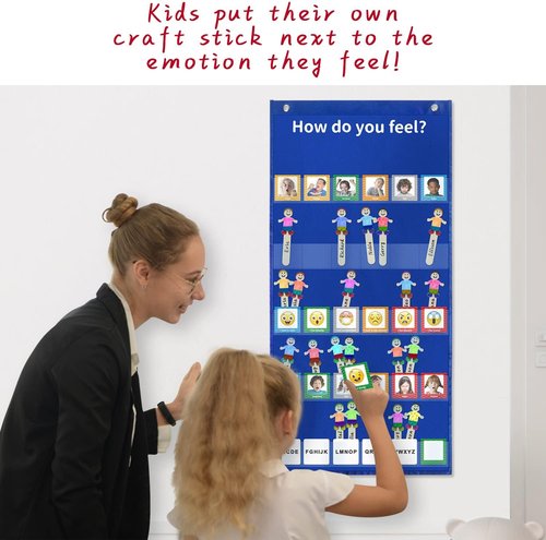 Boczif Emotions Feelings Pocket Chart - 24 Cards for Classroom & Calm Down Corner | Blue
