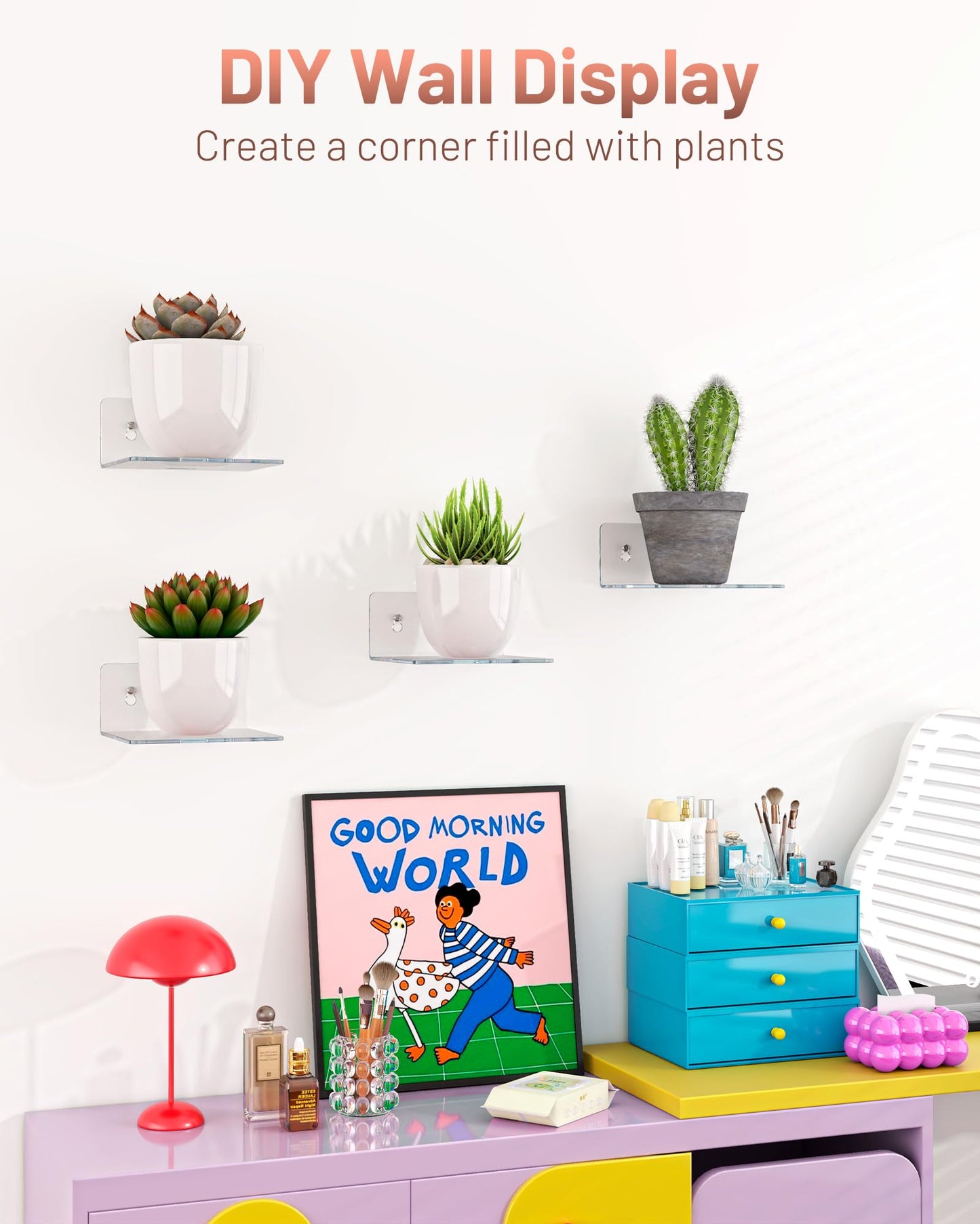 LMHOME 4 Pack Small Wall Shelf - 4" Floating Shelves for Wall Display Ledges for Funko Pop Figures, Plants, Speakers, Durable Plastic Adhesive or Screw Shelves in Bedroom Kitchen Living Room, Clear