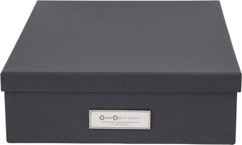 Bigso Oskar Fiberboard Label Frame Document Letter Box - File Organizer Box for Important Paperwork - Document Storage with a Lid & Metal Label Window - 3.3 in x 10.2 in x 13.8 in - Dark Grey