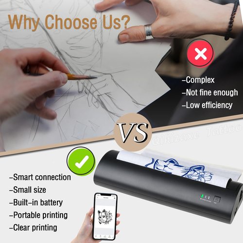QIKIZAXE Wireless Tattoo Transfer Printer, Stencil Machine with 10pcs Transfer Paper, Portable Rechargeable Tattoo Thermal Copier, Compatible for iOS ＆ Android Phone,Laptop & iPad (Storage Box Set)
