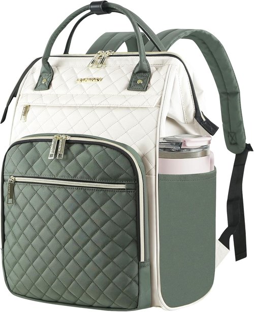 EMPSIGN 17-Inch Laptop Backpack for Women - Water-Repellent Quilted Casual Daypack | Large Capacity, Beige-Army Green