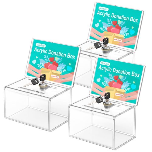 MaxGear Acrylic Donation Box with Lock 3 Pack, Large Ballot Box with Sign Holder, Clear Storage Container for Voting, Charity, Ballot, Suggestion 6.25" x 4.5" x 4"