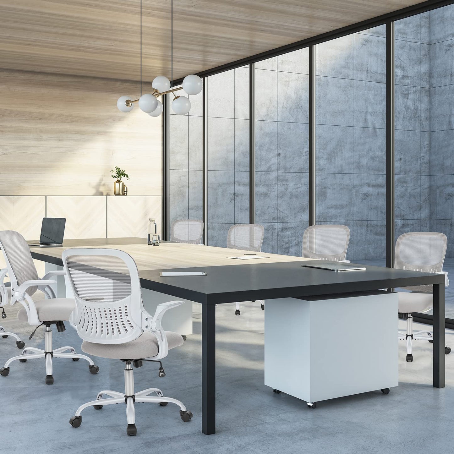 Sweetcrispy Office Desk Chair, Ergonomic Mid-Back Mesh Rolling Work Swivel Task Chairs with Wheels, Comfortable Lumbar Support, Comfy Flip-up Arms for Home, Bedroom, Study, Student, Classic Grey