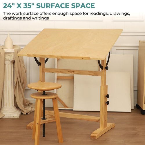 VISWIN Wood Drafting Table for Adults, 24'' x 35" Drawing Table with Adjustable Height & Angle for Art Studio, Solid Pine Wood Artist Desk for Drawing, Drafting, Writing, Reading, Sketching