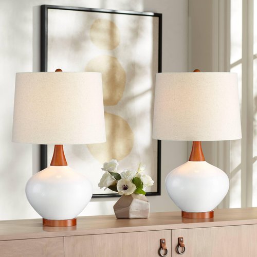 360 Lighting Brice 23" High Small Mid Century Modern Accent Table Lamps Set of 2 Ivory Wood Ceramic Living Room Bedroom Bedside Nightstand House Office Home Reading Kitchen Off-White Shade