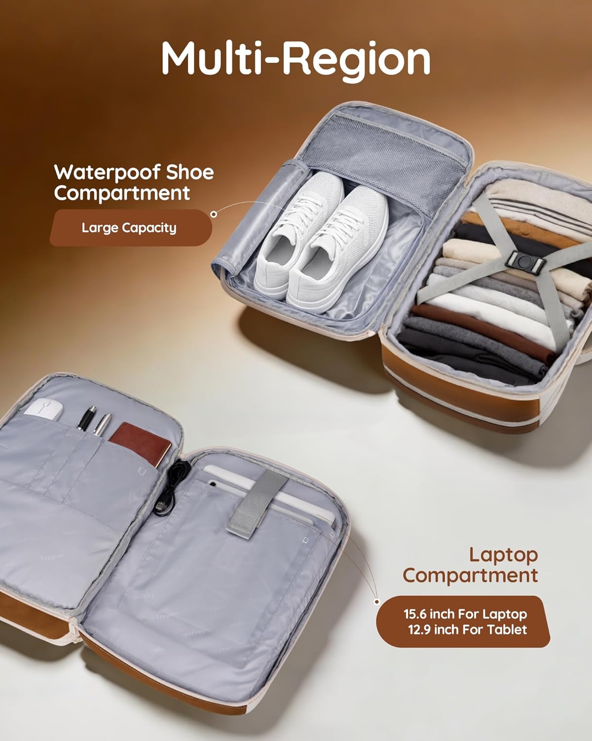 Taygeer 35L Travel Backpack - TSA Approved Carry-On with Lock | Expandable for 15.6" Laptop - Beige & Brown