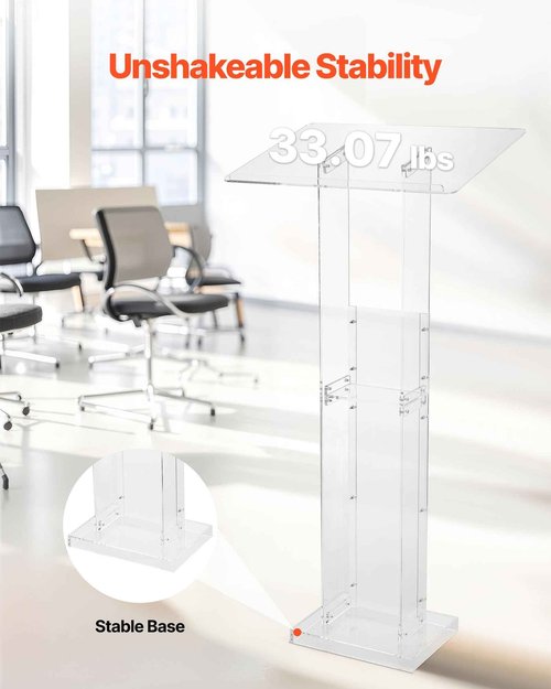 VEVOR Podium Stand, 50-Inch Acrylic Lectern, Portable Laptop Desk with Wide Reading Surface and Storage Shelf, Book Stopper, Floor-Standing, for Classroom, Wedding, Conference, Lecture and Concert