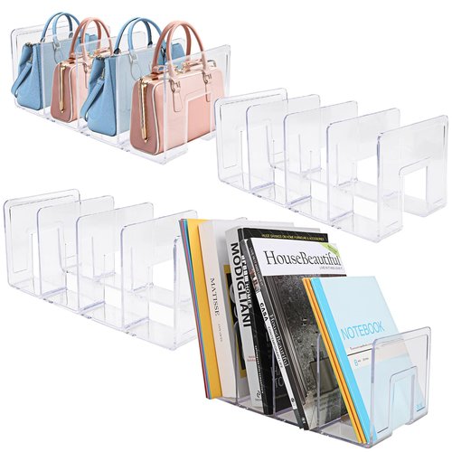 LOEQIAN 4 Pack Clear Acrylic Desk File Sorter Purse, Handbag Organizer Clutch Divider Mesh Folder Office Supplies Stand Bookshelf, Purse Display Stand Storage Organizer - 4 Sections