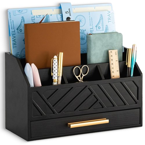 dreampossible Black Wood Desk Organizer and Accessories with Drawer, Bill Mail Organizer and File Mail Holder for Office Supplies, Modern Desk Accessories & Workspace Organizers for Desk Organization