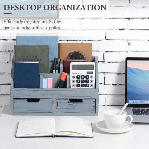 MyGift Dark Gray Wood Desk Organizer, Includes 6 Compartments and 2 Pullout Drawers to Organize Office Supplies and Accessories