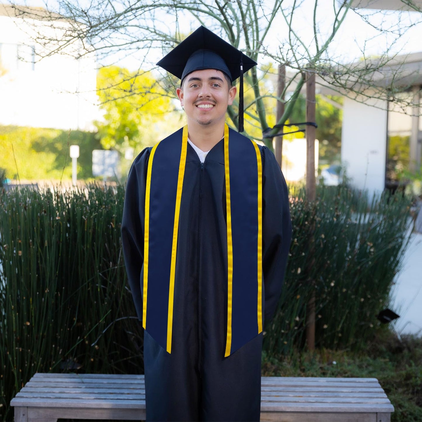 Endea Graduation Plain Honor Stole With Trim Color & Angled End Adult Unisex 72" (Navy Blue/Gold)