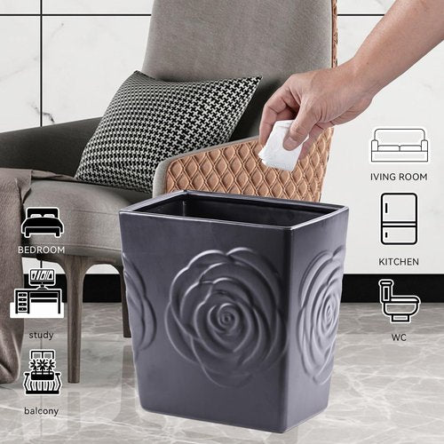 Black Ceramic Rose Small Bathroom Trash Can 2.5 Gal (9 Liter), Heavy Small Kitchen Garbage Bin, Living Room Bedroom Corner Trash Can, Decorative Wastebasket for Outdoor Garden, Home Office,Hotel Motel
