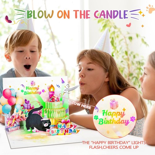 FITMITE Cute Cat Birthday Card - Music, Lights & Blowable Candle | Funny Pop-Up Design for Cat Lovers
