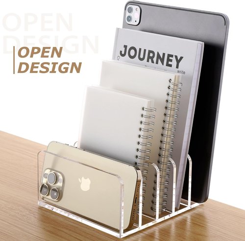 SANRUI Clear Acrylic Desktop File Organizer - 5 Compartment Document Sorter for Office & Home