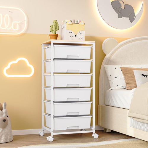 Rolling Storage Cart with Drawers,Utility Cart with 6 Large Drawers and Wooden Tabletop,Craft Storage Cart with Lockable Wheels for Bedroom, Office, Classroom, Kids'Room, Living Room (White)