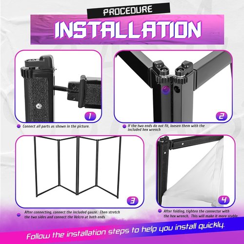 HECASA Portable DJ Facade Booth - Black Steel Frame with 4 Detachable White Panels & Carry Bag