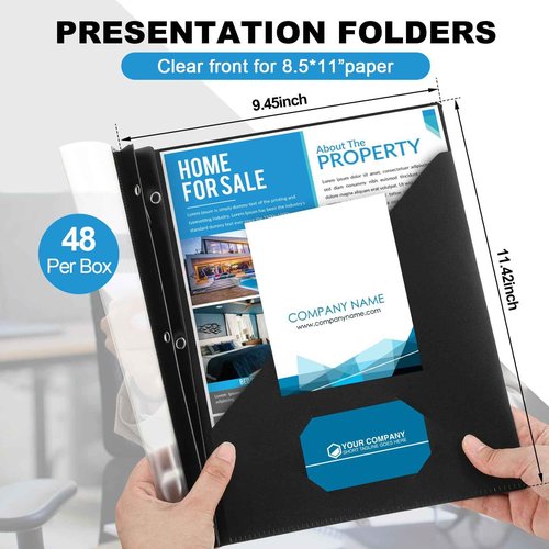 Teling 48 Pack Clear Front Report Covers with 3 Prongs Fasteners, 11.42 x 9.45 Inch Plastic Presentation Folders Bulk, 90 Sheet Capacity, Book File Covers for Office School Business, Black