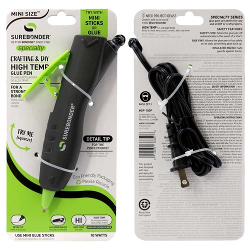Surebonder GP-100F Ergonomic Detail Tip Mini-Size Hot Glue Pen for Precision Crafting and Repairs, 10 Watts, Corded, Black
