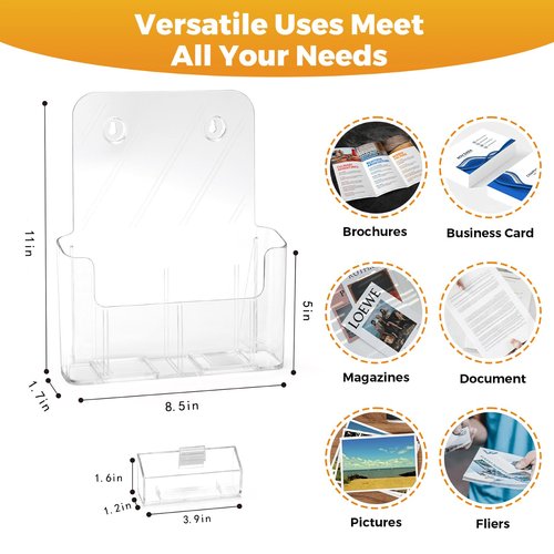 Acrylic Brochure Holder 8.5 x 11 inch 2 Pack Clear Literature Flyer Holders Plastic Rack Card Display Stand Thicker Countertop Organizer for Pamphlets Magazines Booklets Menus, Desk & Wall Mount