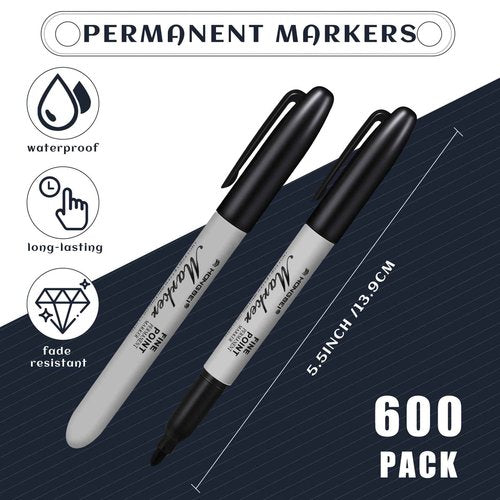 Thenshop 600 Pack Black Permanent Markers Bulk Fine Tip Permanent Marker Set Quick Drying Fine Point Pens for Classroom, Office, Home, Work on Wood, Metal, Stone, Glass, Christmas Office Gifts
