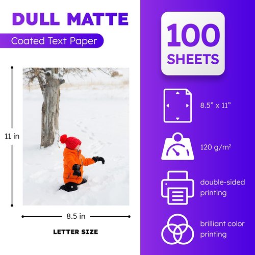 Digital Low Gloss Paper by Dull - Double-Sided C2S Coated for Color Laser Printing | Matte Finish | 8.5" x 11" | 100 Sheets