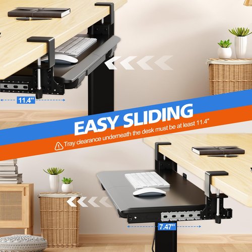 OUKMIC Large Height Adjustable Keyboard Tray with Sturdy C-Clamp Mount and Storage Drawer, 27"(31" Including Clamps) x 12" Slide Out Ergonomic Keyboard Trays for Home and Office, Black