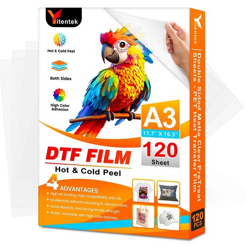 Yitentek A3 DTF Transfer Film, 11.7" x 16.5" Double Sided Matte PreTreat PET Heat Transfer Paper Sheets for DTF Inkjet Printer, DTF Paper Direct Print on T-Shirts Textile, Hot & Cold Peel, 120 Sheets