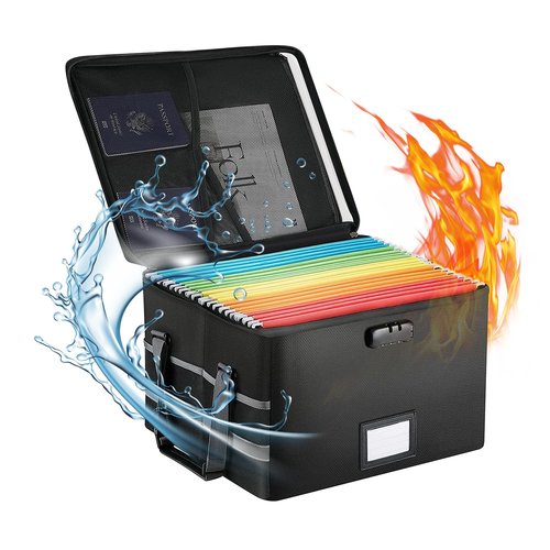 Opastry File Box with Lock 5200°F, 6 Layers of Functional Materials of Fireproof Document File Organizer Box with Water-Resistant Zipper & Adjustable Handle (Black, Grey)