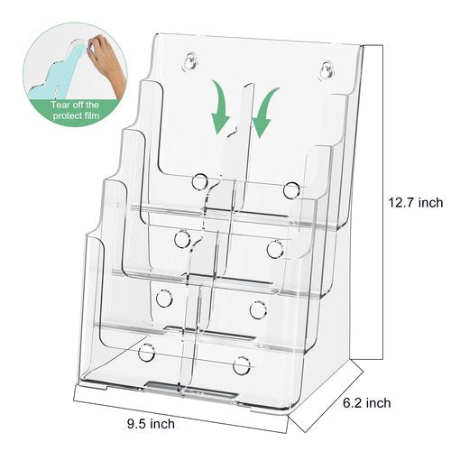 zavekia 4 Tier Acrylic Brochure Holder 8.5 x 11 inch, Clear Literature Organizer Magazine Stand with Removable Divider for 4 x 9 inch Brochures,Magazine Holder,Flyer Holder