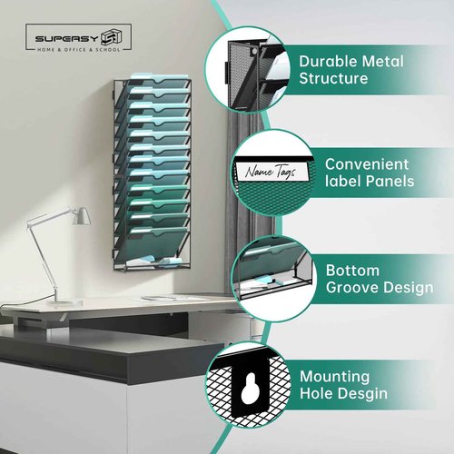 SUPEASY 13-Tier Wall File Organizer, Hanging Wall Files for Papers, Folders, Magazines, Wall Organizer for Clipboard, Assembly Needed, Black, 2 Pack