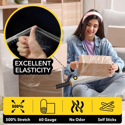 AlexHome Stretch Wrap/Film Roll -2pcs/15"x1000ft/500% Stretch/60 Gauge- Moving Stretch Wrap with Handle,Shrink Plastic Wrap for Moving with Handle,Stretch Tite Wrap Moving Supplies (Clear,4pack)