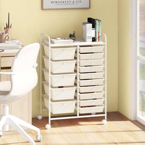 HOMGX 15-Drawer Storage Rolling Cart, Multipurpose Utility Storage Cart w/ 4 Lockable Wheels & Removable Drawers, Plastic Drawer Organizer for Office, Supermarket, Home, School (White)