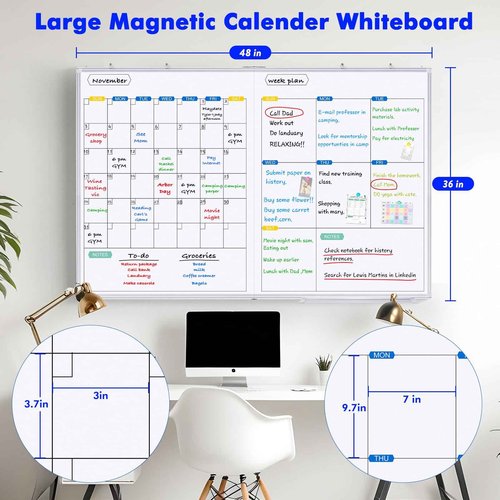 Dry Erase Calendar Whiteboard for Wall, 48" x 36" Monthly + Weekly Large Magnetic White Board Calendar Dry Erase, Silver Aluminum Frame