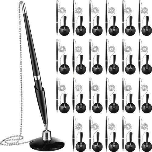 Zonon 24 Pieces Secure Pen with Chain Security Pen Holder Counter with Adhesive Chain and Base Black Ink for Reception Office Bank Work Hotel Lobbies Retail Stores Home Back to School Supplies