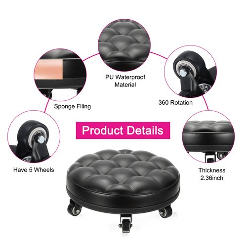 PATIKIL Low Roller Seat Wheel Stool Chair PU Leather Short Low Rolling Stool with Universal Wheel for Home Office Fitness (Black), 5.1" Height